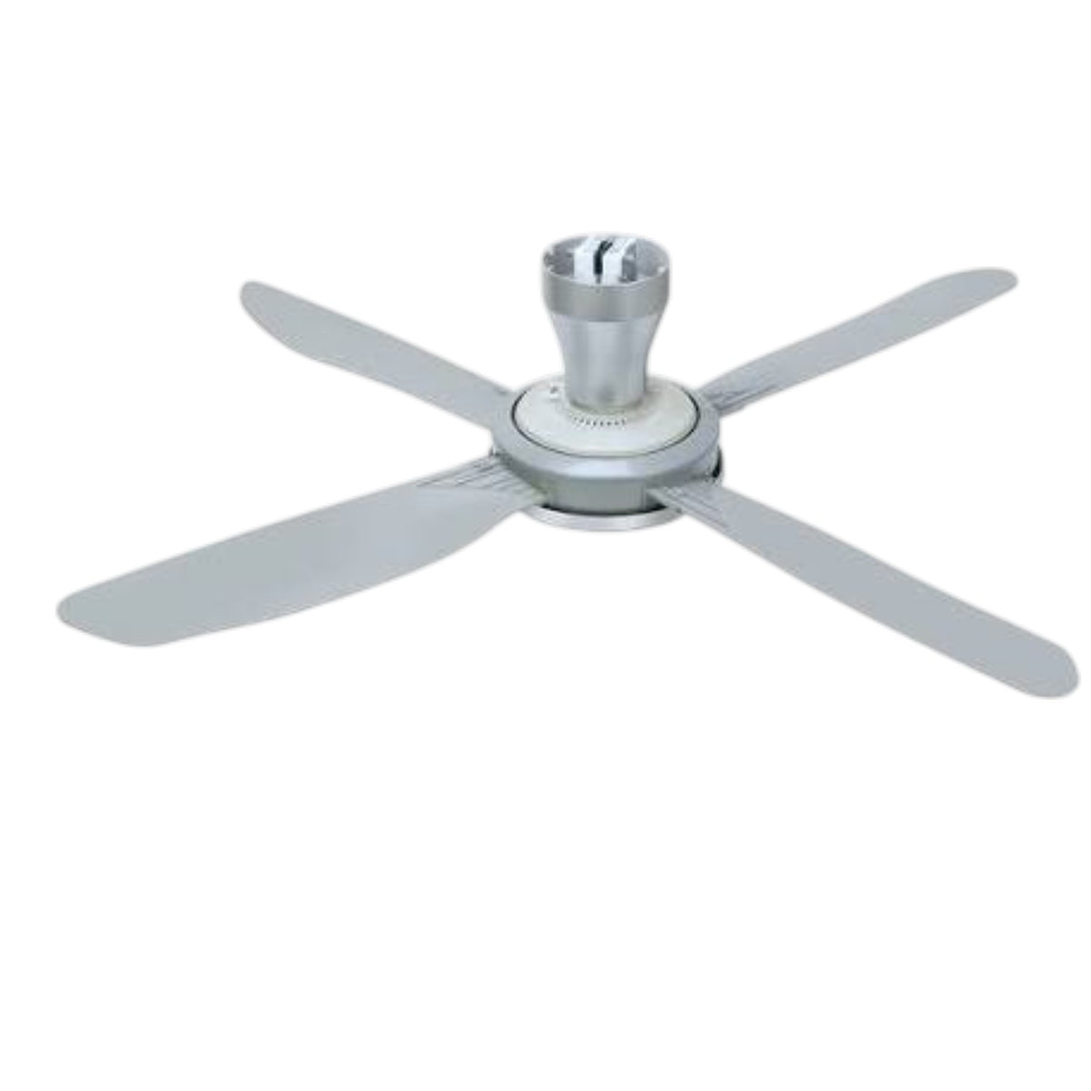 A modern four-blade ceiling fan with a polished silver/chrome metal central hub and light gray blades, shown against a plain white background.