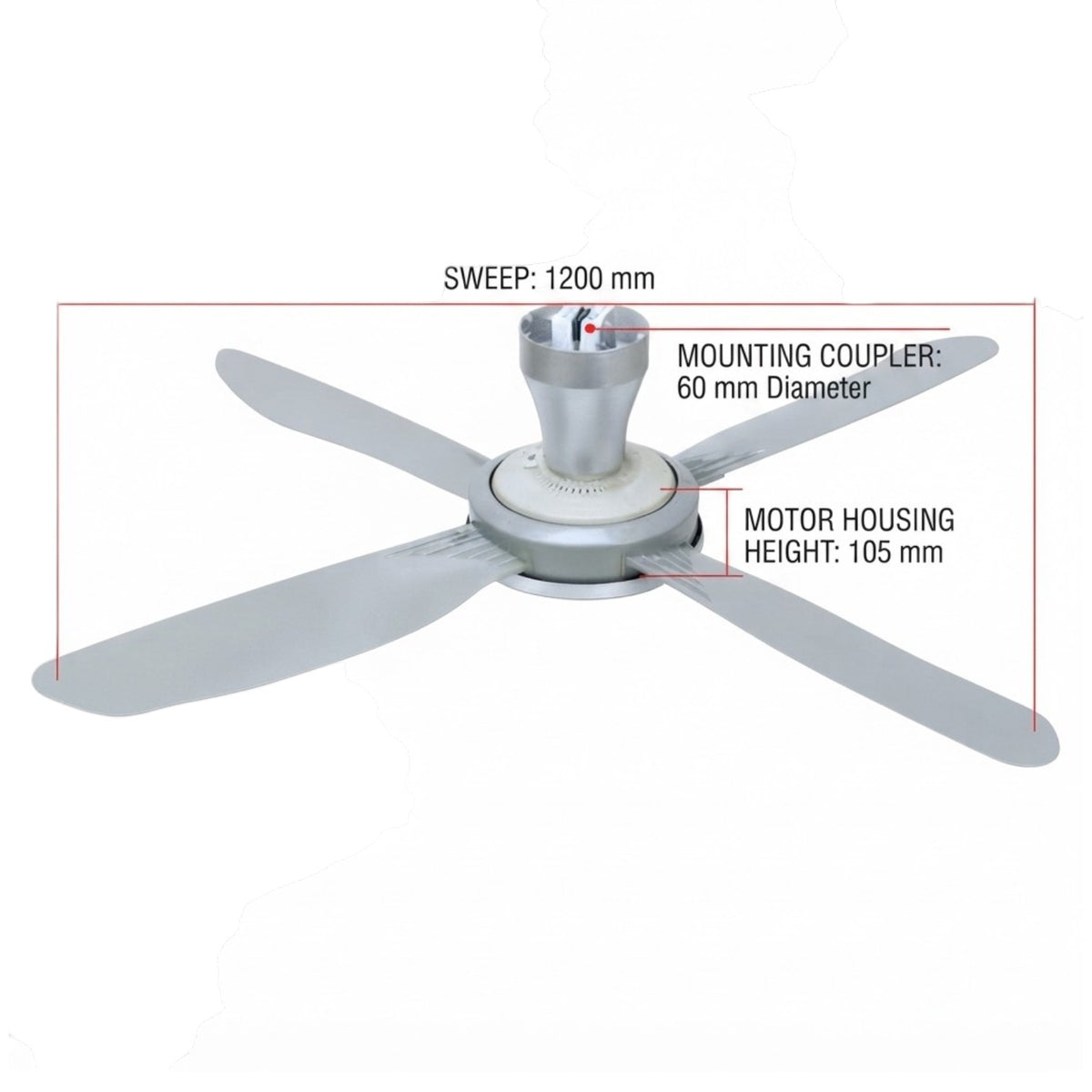 A silver four-blade ceiling fan shown on a white background with red measurement lines and text indicating sweep, mounting coupler diameter, and motor housing height.