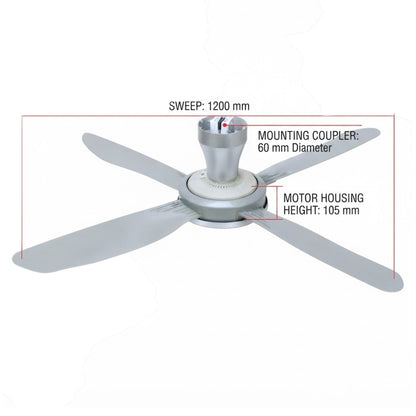 A silver four-blade ceiling fan shown on a white background with red measurement lines and text indicating sweep, mounting coupler diameter, and motor housing height.