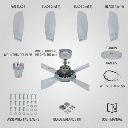 Ceiling fan blade kit assembly diagram showing four white fan blades, a silver motor housing, canopy, mounting coupler, wiring harness, screws, hardware, and user manual icons on a light gray background.