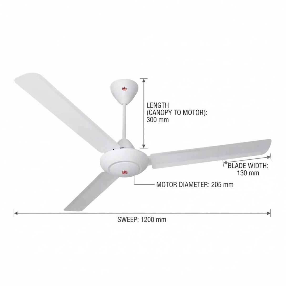 White ceiling fan with dimension annotations showing length from canopy to motor (300 mm), blade width (130 mm), motor diameter (205 mm), and sweep (1200 mm) on a light gray background.