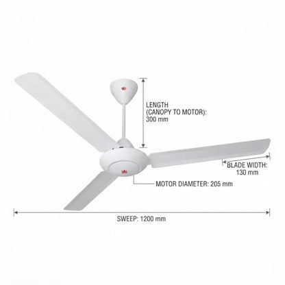 White ceiling fan with dimension annotations showing length from canopy to motor (300 mm), blade width (130 mm), motor diameter (205 mm), and sweep (1200 mm) on a light gray background.