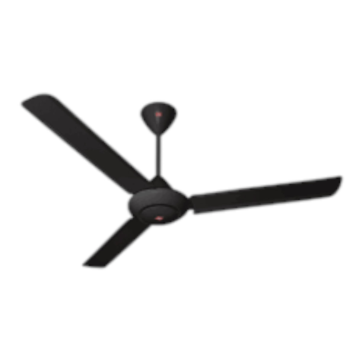 A three-blade ceiling fan in a matte black finish, shown from a top-down perspective against a plain white background.