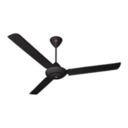 A three-blade ceiling fan in a matte black finish, shown from a top-down perspective against a plain white background.