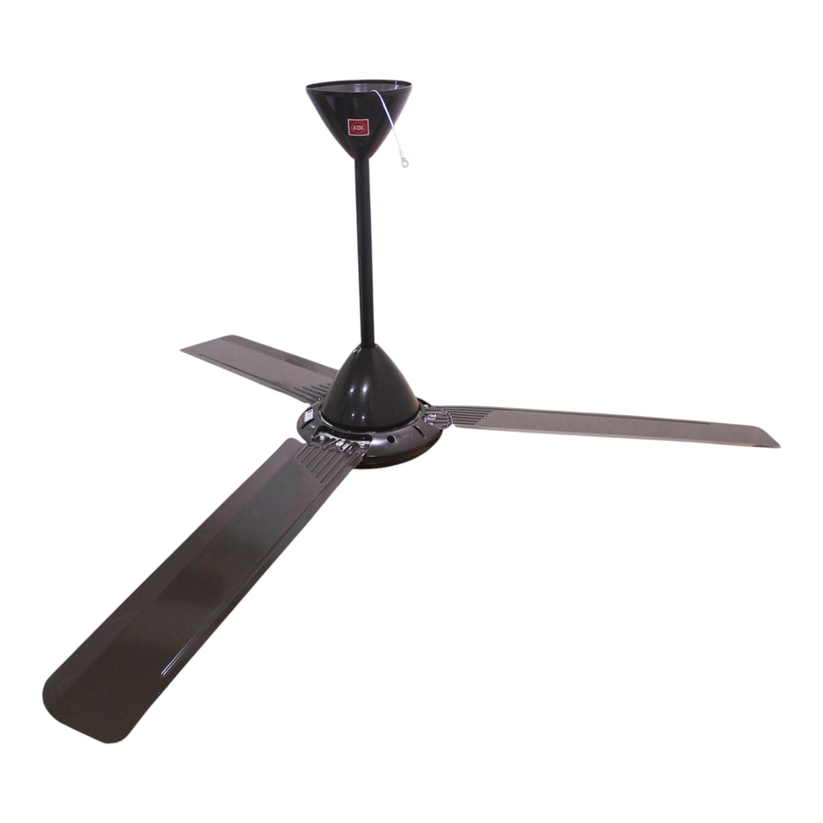 A three-blade ceiling fan with a black central motor housing and dark brown blades, shown against a plain white background.