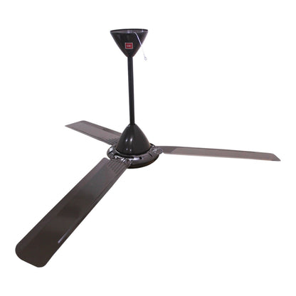 A three-blade ceiling fan with a black central motor housing and dark brown blades, shown against a plain white background.