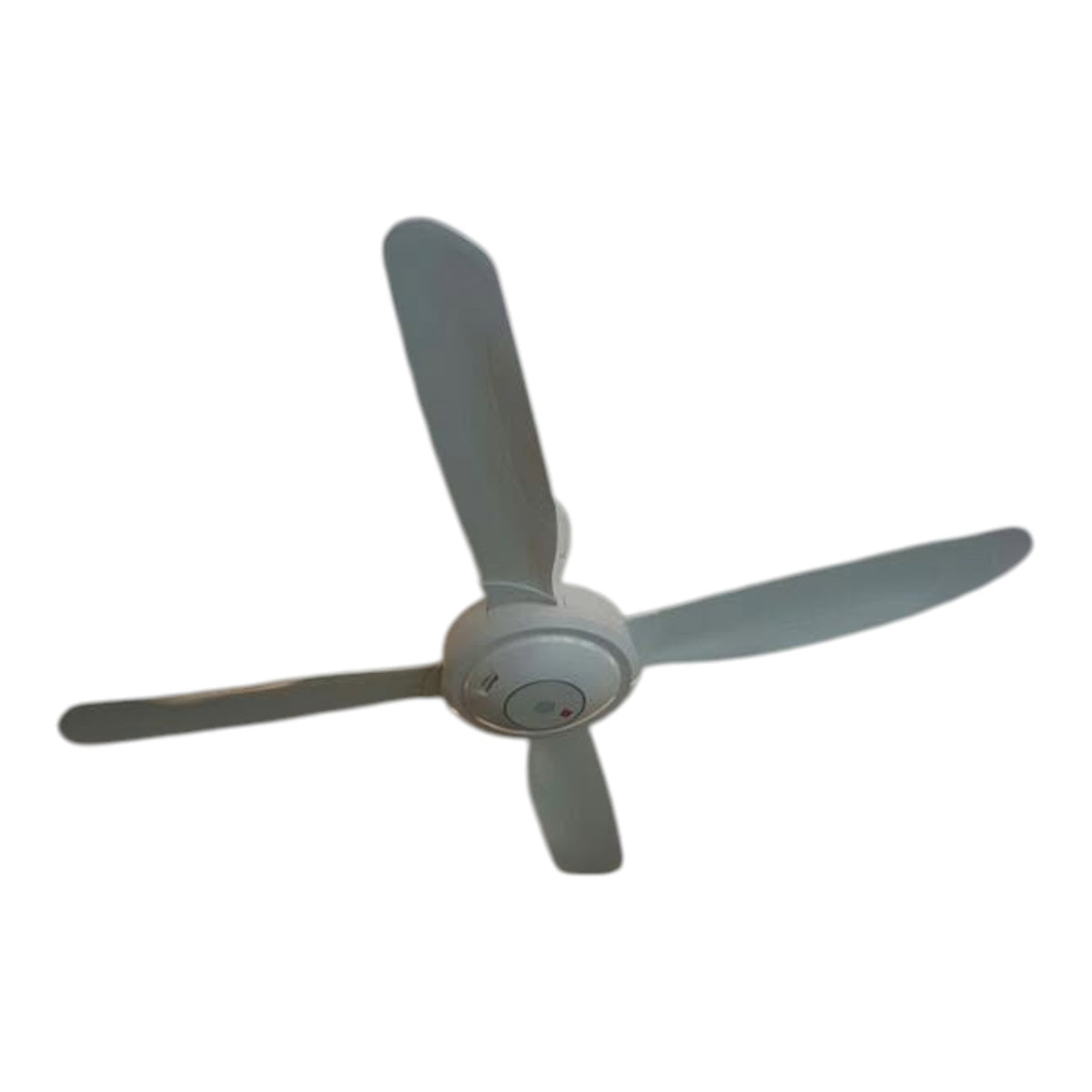 A three-blade ceiling fan with a white central hub and light gray blades, shown against a plain white background.