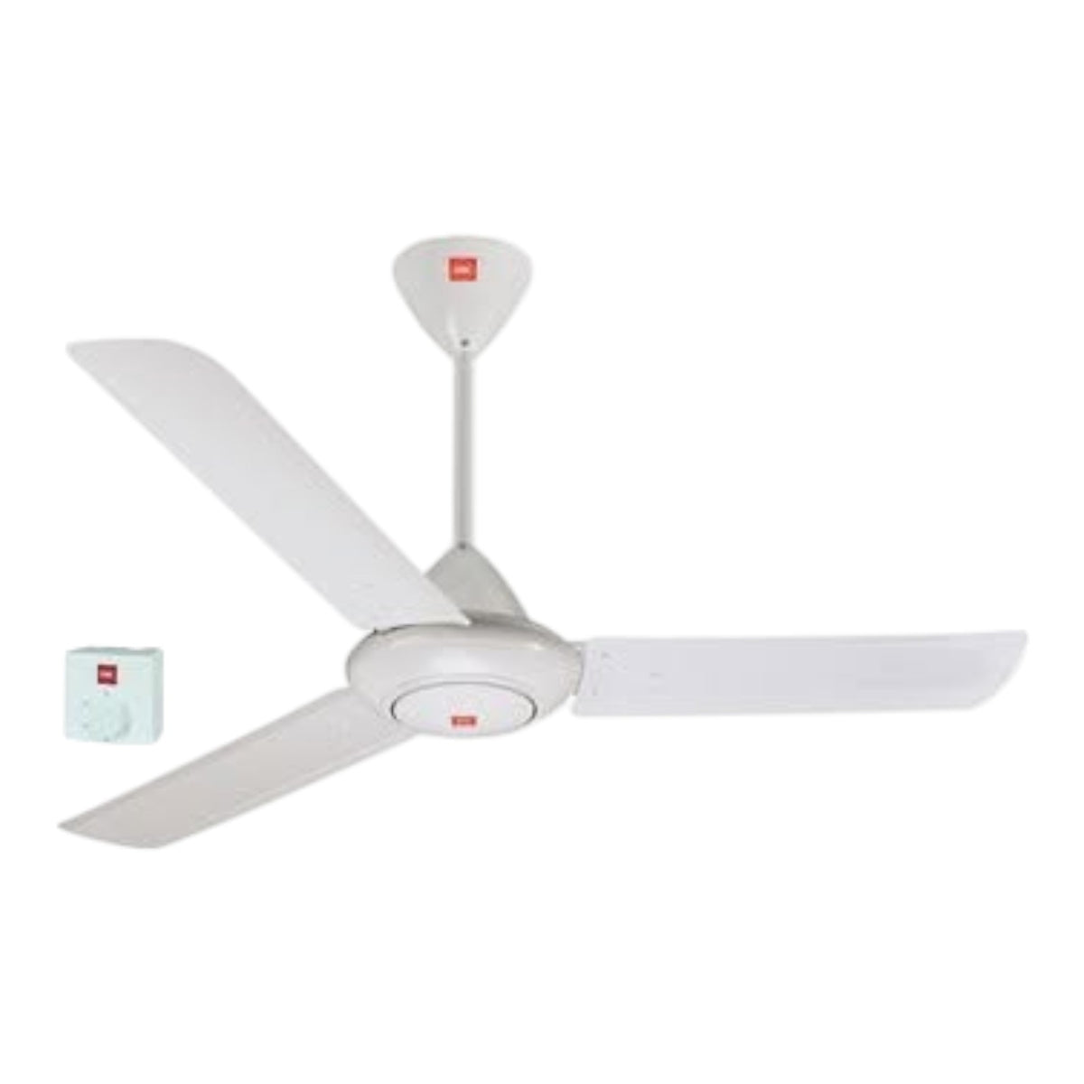 A white three-blade ceiling fan with a matching white wall switch, shown against a plain white background.