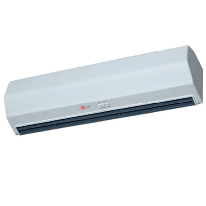 A wall-mounted split air conditioner indoor unit in white with a dark blue vent grille and a small red logo on the front, shown against a plain white background.