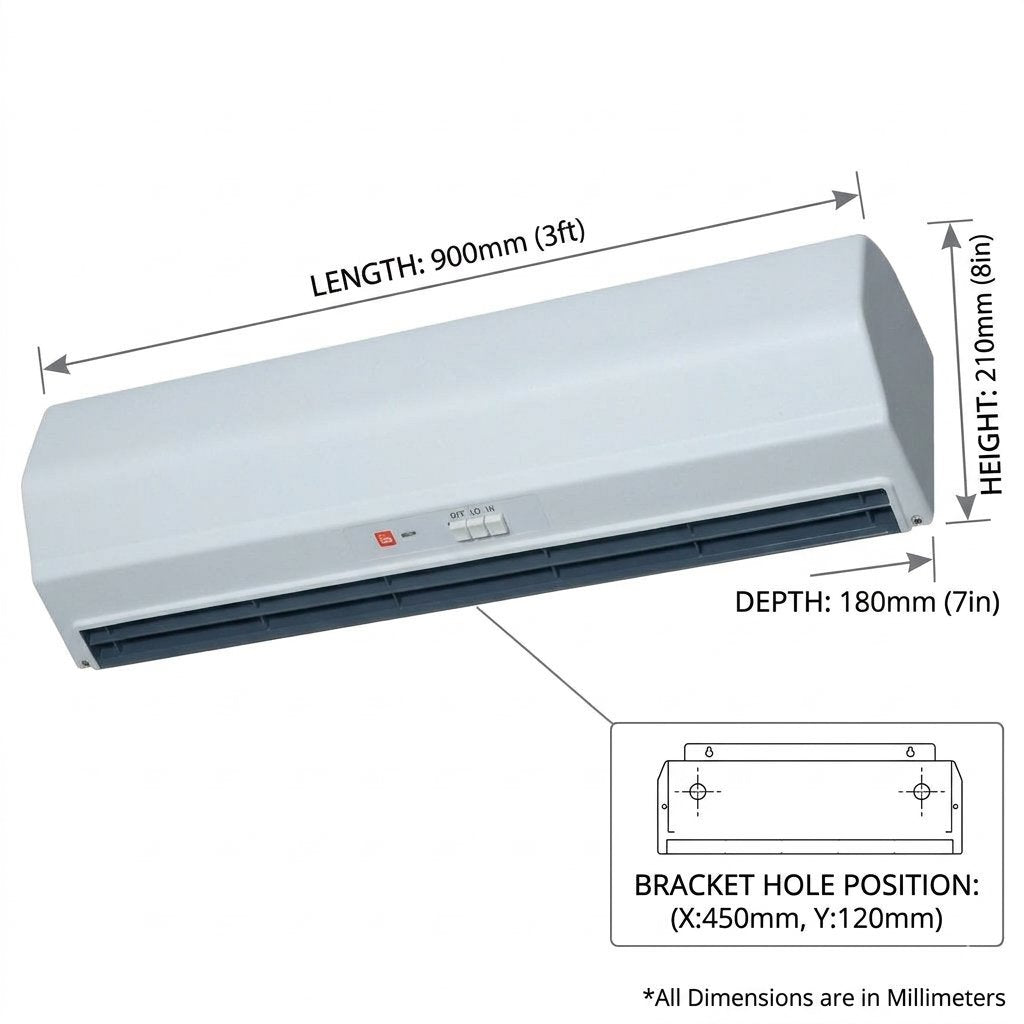 A dimension diagram of a wall-mounted air conditioner split unit showing length, height, and depth measurements, with a small inset diagram indicating bracket hole position.
