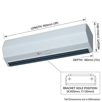 A dimension diagram of a wall-mounted air conditioner split unit showing length, height, and depth measurements, with a small inset diagram indicating bracket hole position.