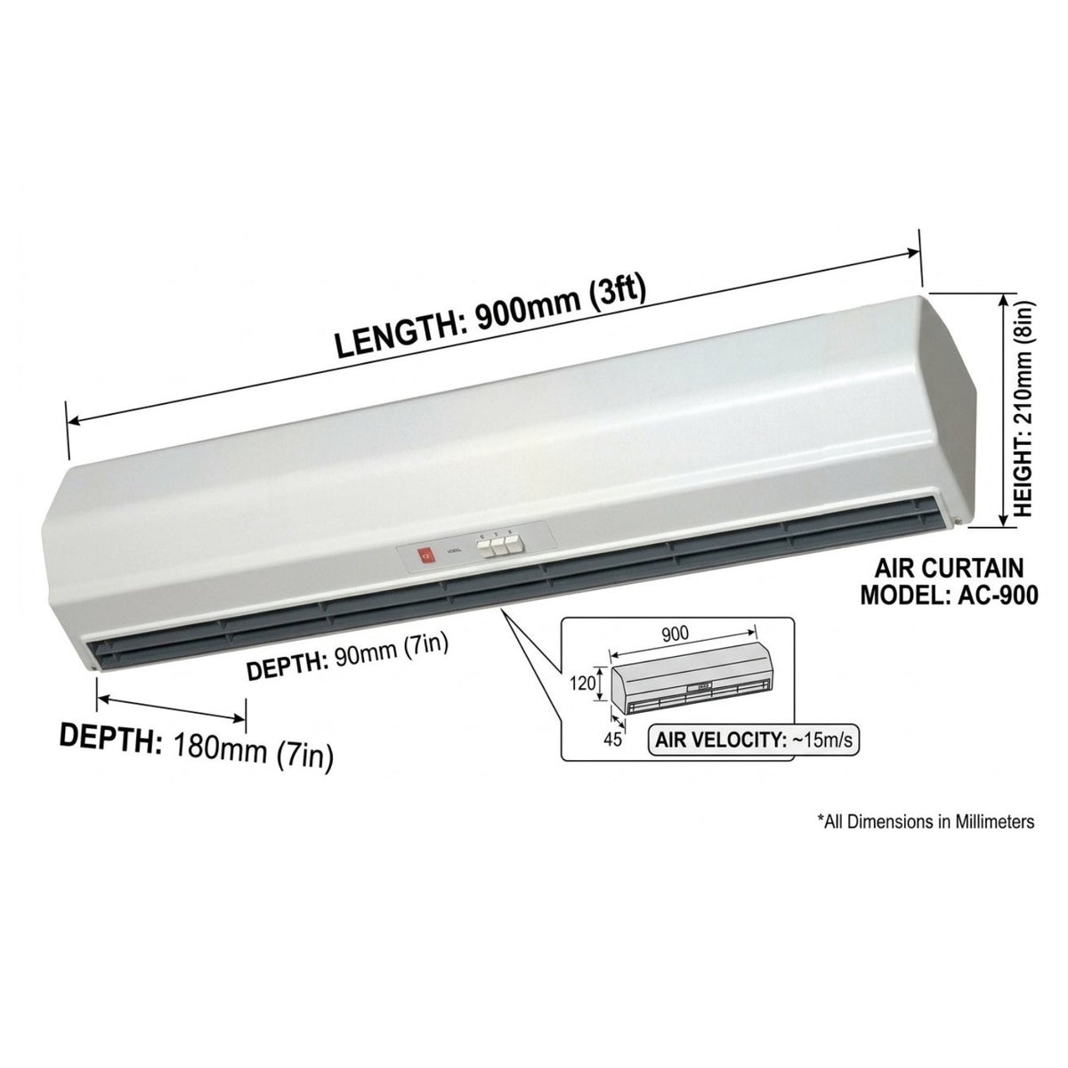 A wall-mounted air conditioner indoor unit shown with dimension callouts and an inset diagram. The image includes labeled measurements for length, depth, and height, plus a small inset showing air velocity and air curtain model information.