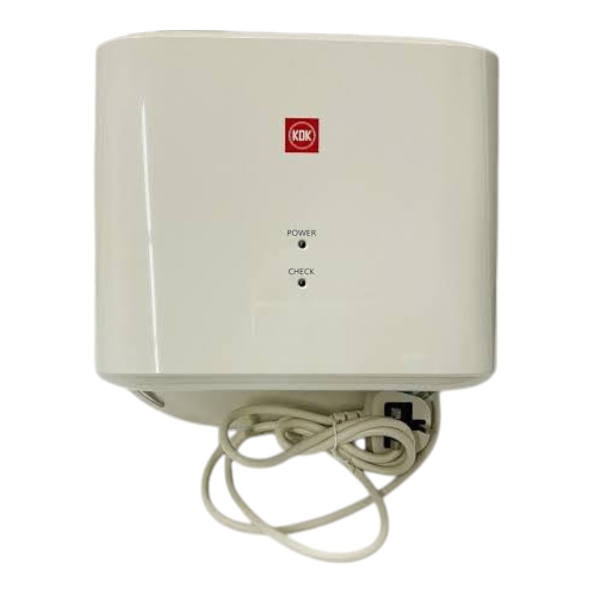 An off-white KIKO electric water heater with a red brand logo, featuring a power and check indicator light, with its power cord visible at the bottom right against a white background.
