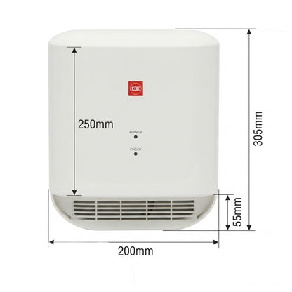 White KOD electric space heater shown with dimension lines and labels indicating 305mm height, 200mm width, 250mm front depth, and 55mm bottom depth.