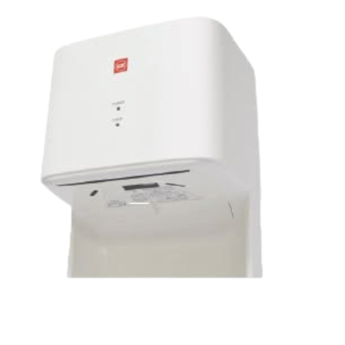 A white wall-mounted automatic hand dryer with a small red logo on the front, shown against a plain white background.