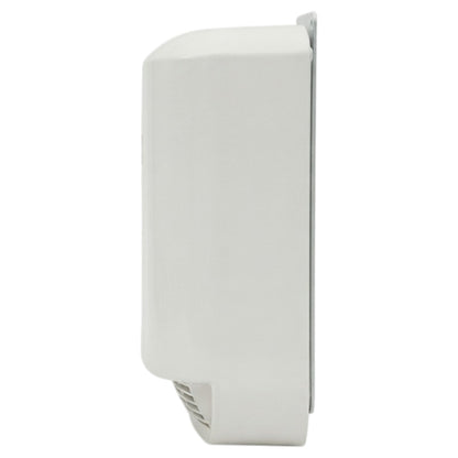 A white wall-mounted dispenser unit shown in a side profile view against a plain white background.