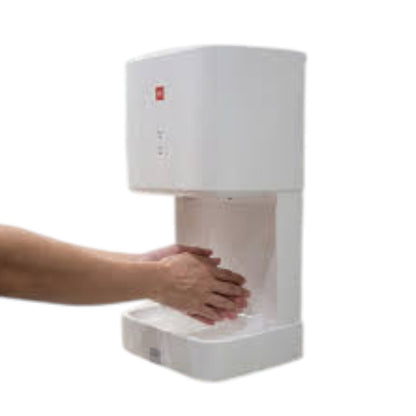 A white automatic hand sanitizer dispenser with a person's hands placed under the opening, shown against a plain white background.