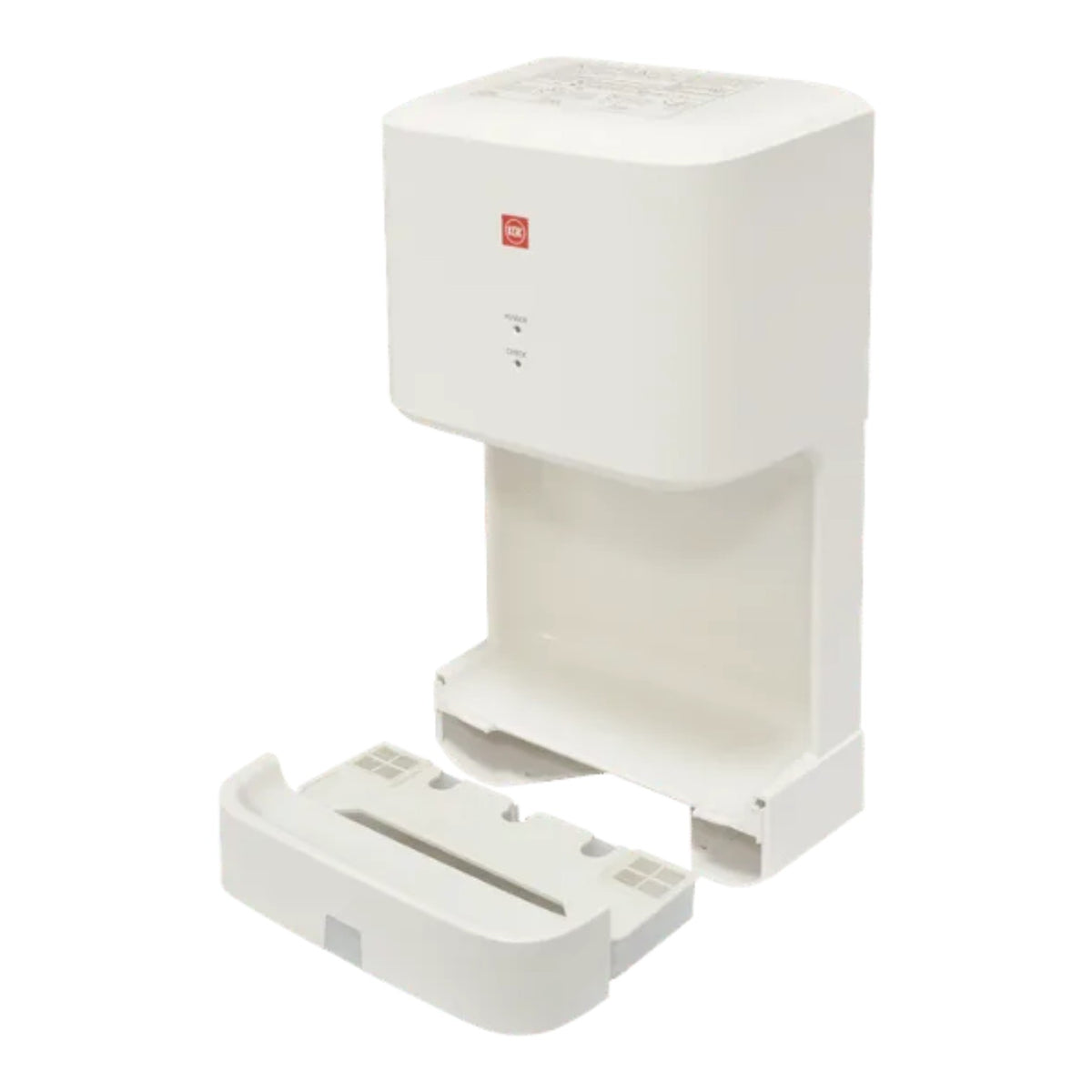 A white automatic hand sanitizer dispenser with an open tray base, shown on a plain white background.