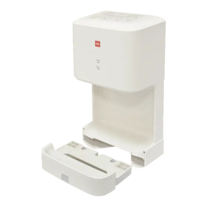A white automatic hand sanitizer dispenser with an open tray base, shown on a plain white background.
