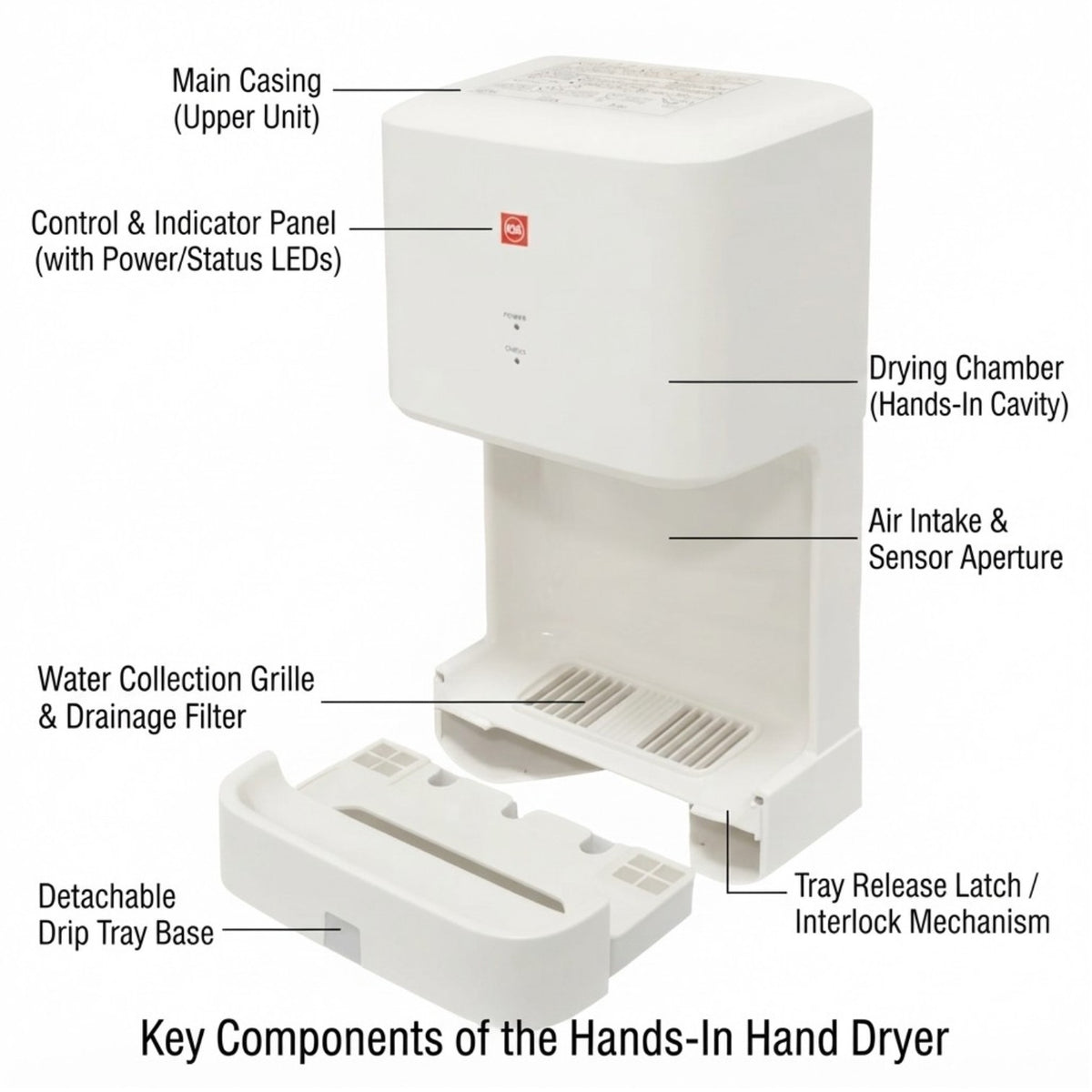 An exploded view diagram of a hands-in hand dryer with labeled parts including main casing, control panel, drying chamber, water collection grille, and detachable drip tray base on a white background.