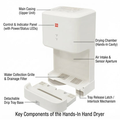 An exploded view diagram of a hands-in hand dryer with labeled parts including main casing, control panel, drying chamber, water collection grille, and detachable drip tray base on a white background.