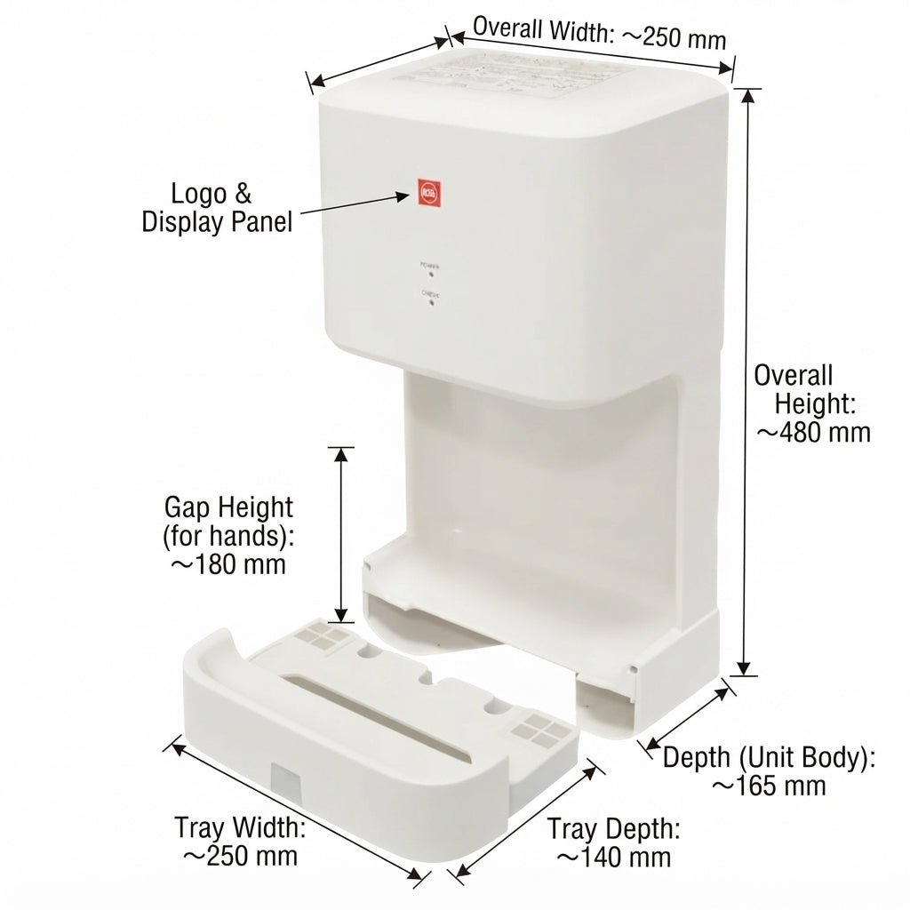 A white automatic hand sanitizer dispenser shown with dimension callouts and arrows indicating overall width, overall height, tray width, tray depth, and gap height on a plain white background.