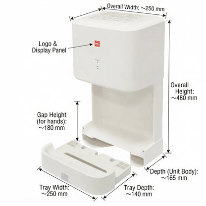 A white automatic hand sanitizer dispenser shown with dimension callouts and arrows indicating overall width, overall height, tray width, tray depth, and gap height on a plain white background.