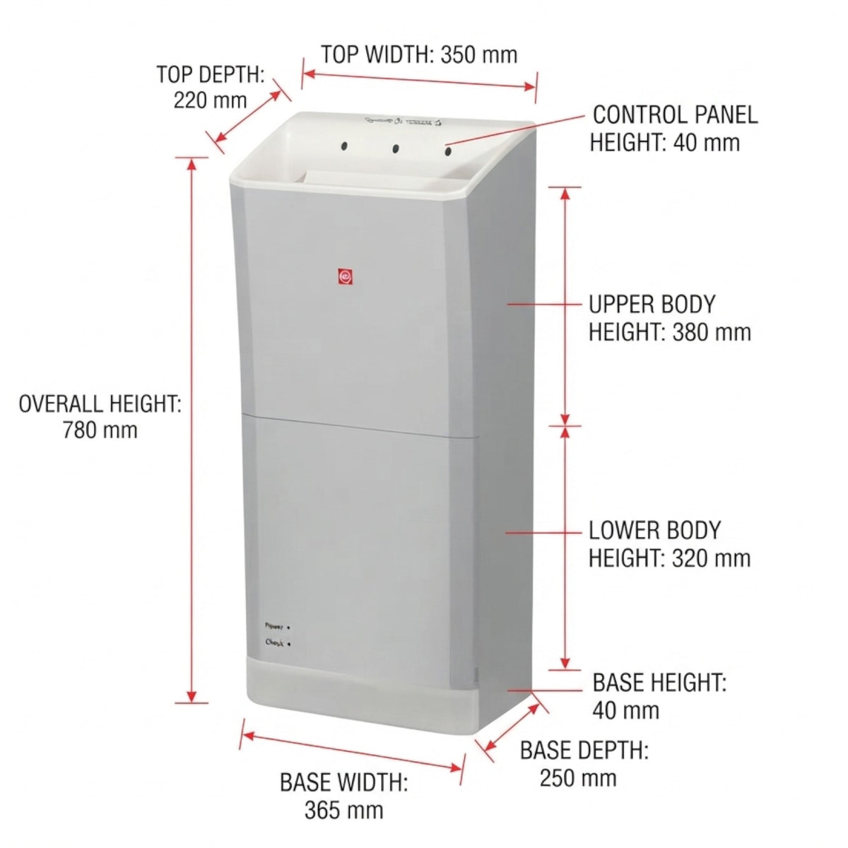 A dimension diagram of a compact upright appliance, likely a dryer or similar household machine, showing labeled measurements for overall height, top depth, top width, control panel height, upper body height, lower body height, base height, and base depth on a white background.