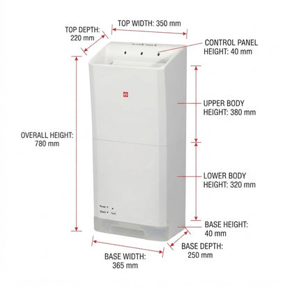 A white appliance shown with red dimension lines and labels indicating overall height, top width, upper body height, lower body height, base height, and base width on a light gray background.