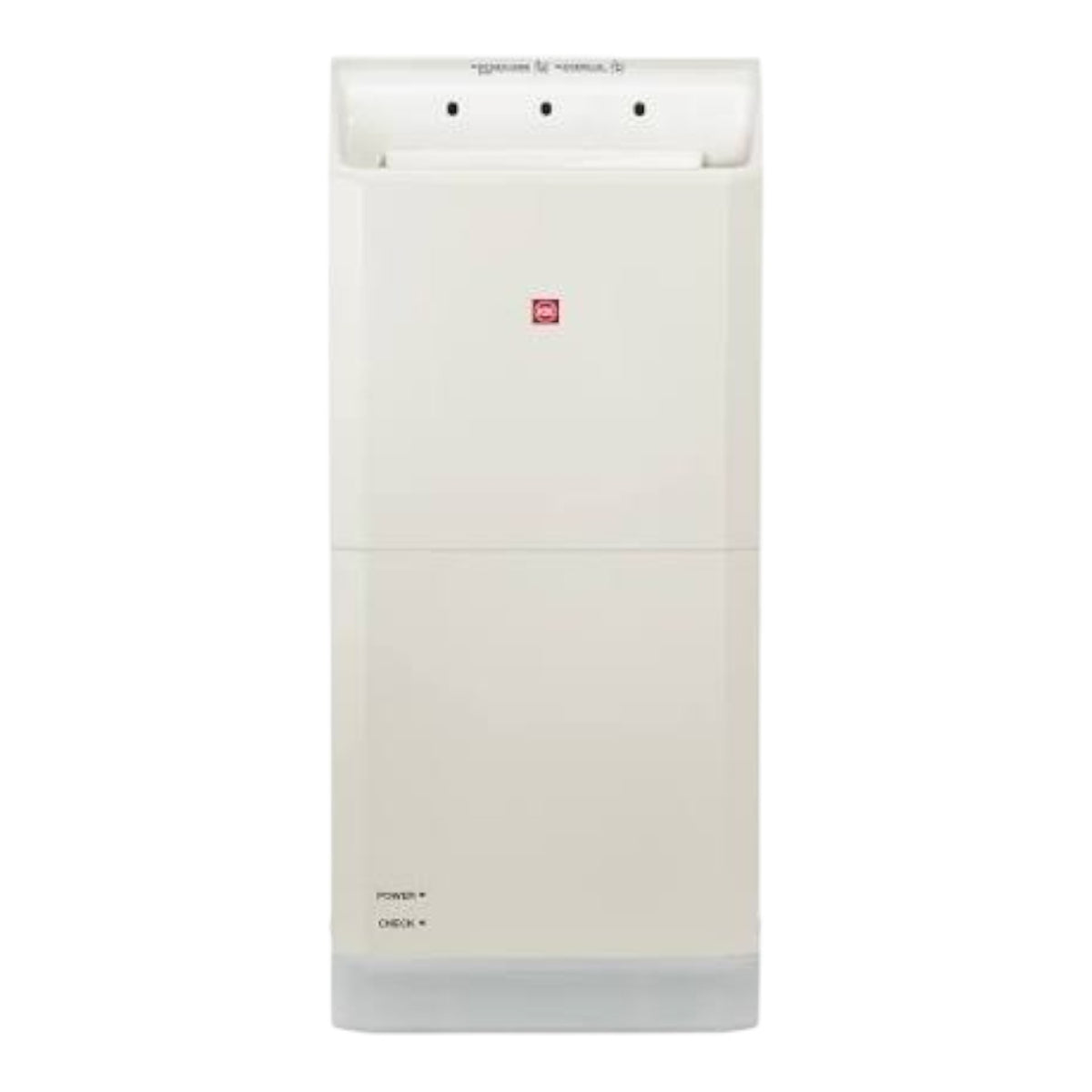 A tall, slim white appliance with a small red square logo on the front, photographed against a plain white background.