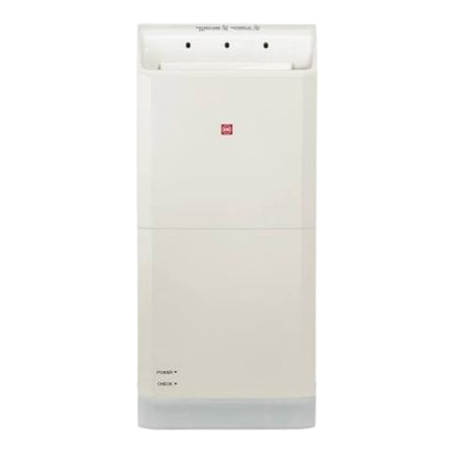 A tall, slim white appliance with a small red square logo on the front, photographed against a plain white background.