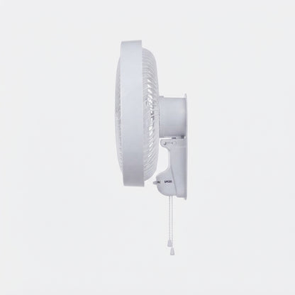 A white wall-mounted oscillating fan with a pull chain, shown from a side profile view against a solid white background.