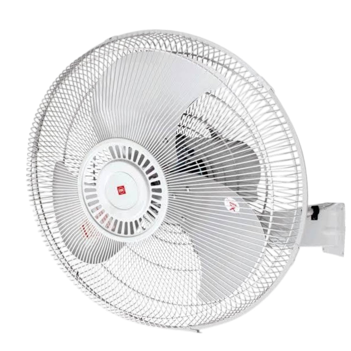 A white wall-mounted electric fan with a protective wire mesh guard, three blades, and a mounting bracket on the right side, shown against a plain white background.