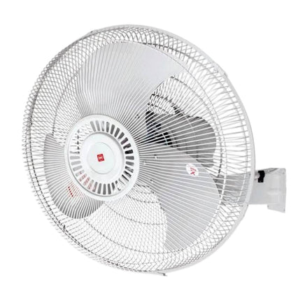 A white wall-mounted electric fan with a protective wire mesh guard, three blades, and a mounting bracket on the right side, shown against a plain white background.