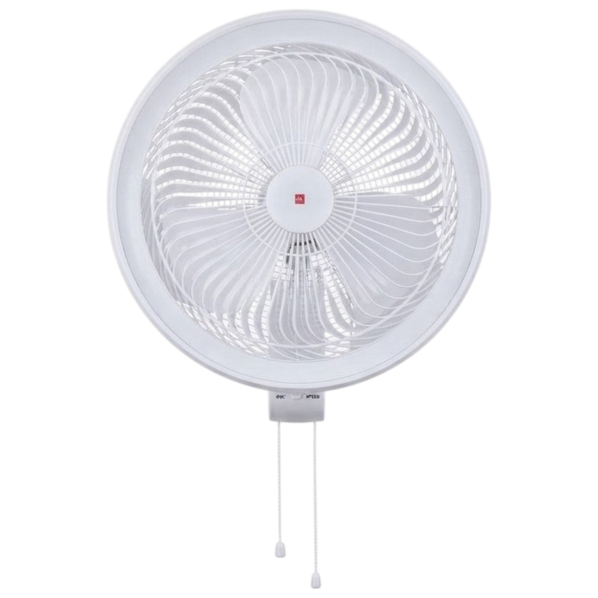 A white circular wall-mounted fan with a protective grille and two pull cords hanging below, shown against a plain white background.