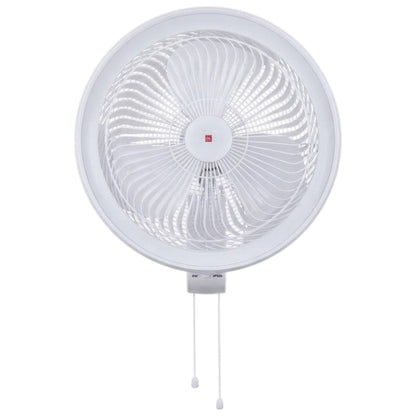 A white circular wall-mounted fan with a protective grille and two pull cords hanging below, shown against a plain white background.