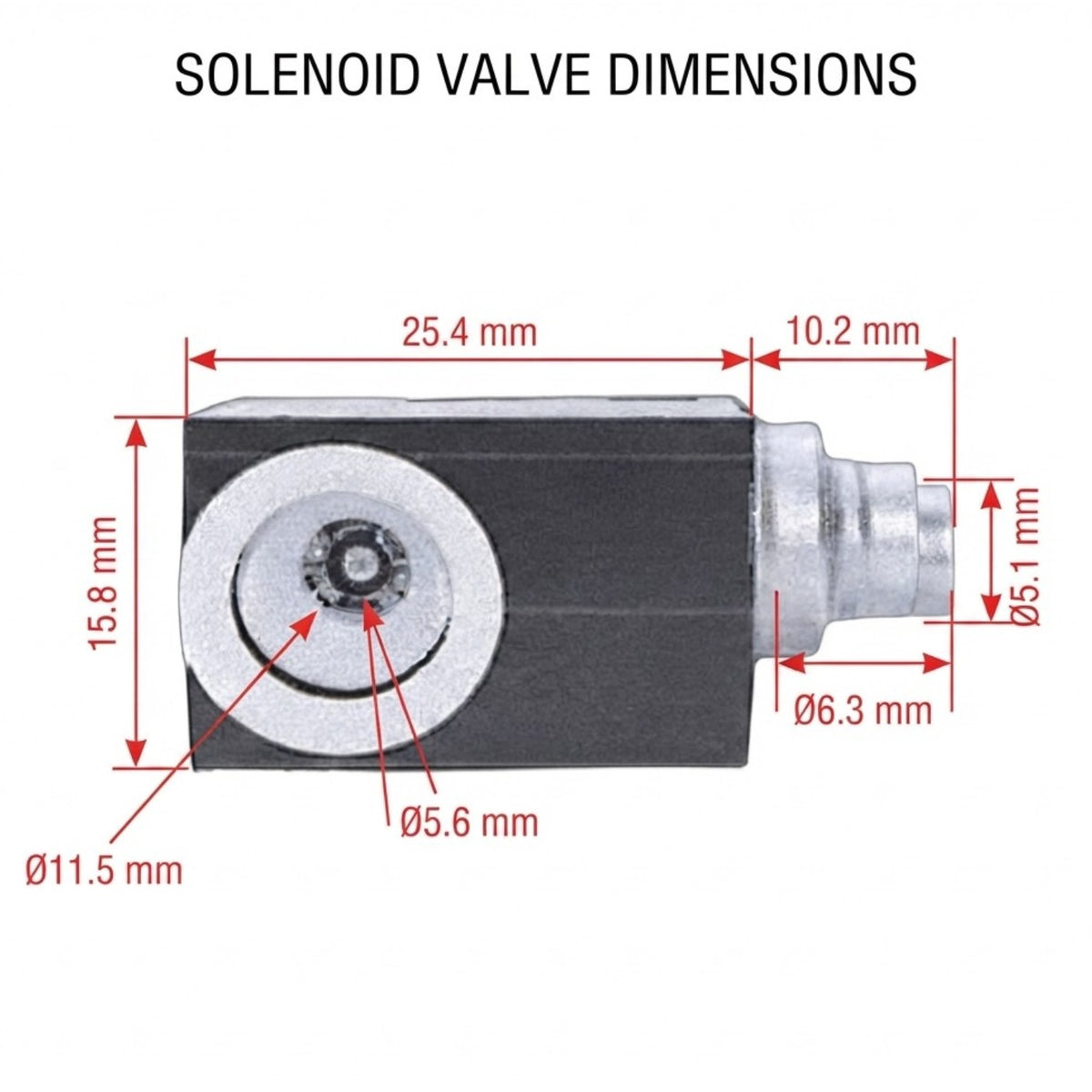 Technical dimension diagram of a solenoid valve with red measurement lines and labels showing width, height, and diameter measurements on a white background.