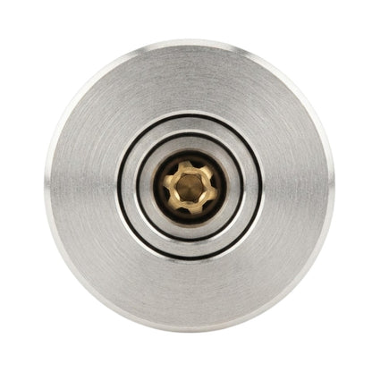 A close-up of a circular brushed metal lock cylinder or door hardware component with a brass-toned star drive center, shown on a plain white background.