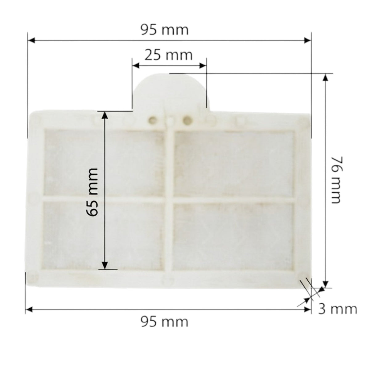 A white rectangular plastic mold or tray with a small raised tab at the top center, shown with dimension lines and measurements: 95 mm width, 76 mm height, 65 mm internal height, 25 mm tab width, and 3 mm thickness.