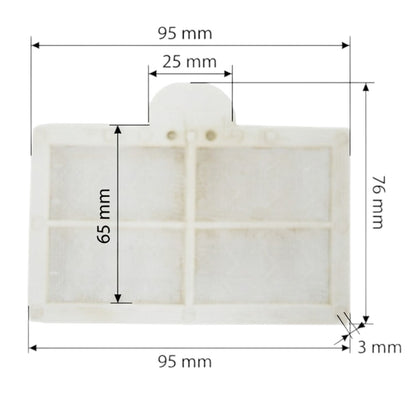 A white rectangular plastic mold or tray with a small raised tab at the top center, shown with dimension lines and measurements: 95 mm width, 76 mm height, 65 mm internal height, 25 mm tab width, and 3 mm thickness.