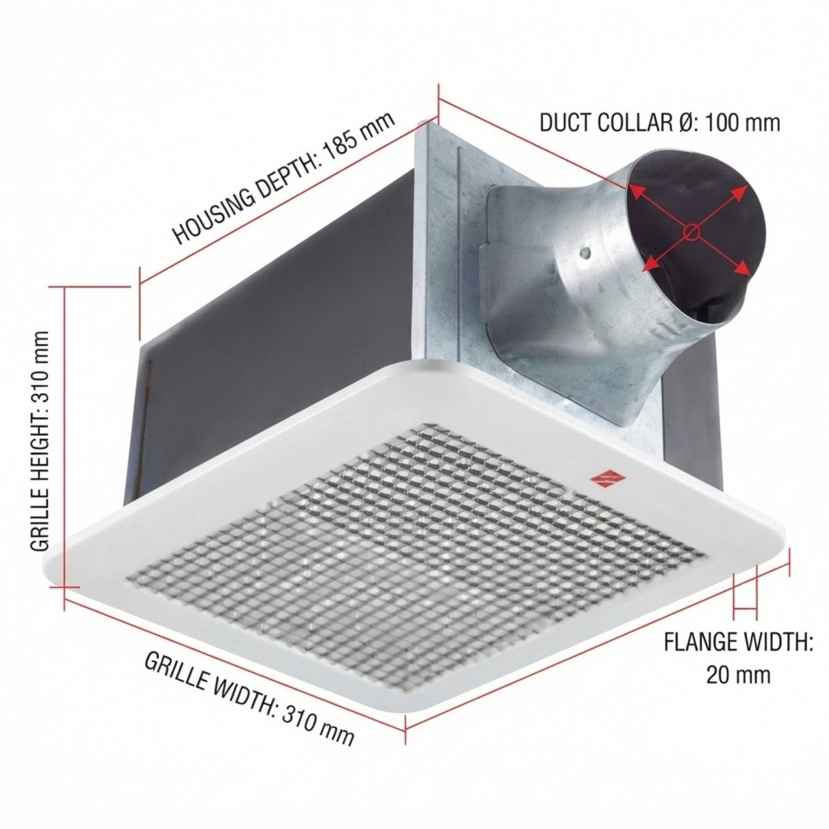 A ceiling fan vent with dimension annotations showing housing depth, grille height, grille width, flange width, and duct collar diameter on a white background.