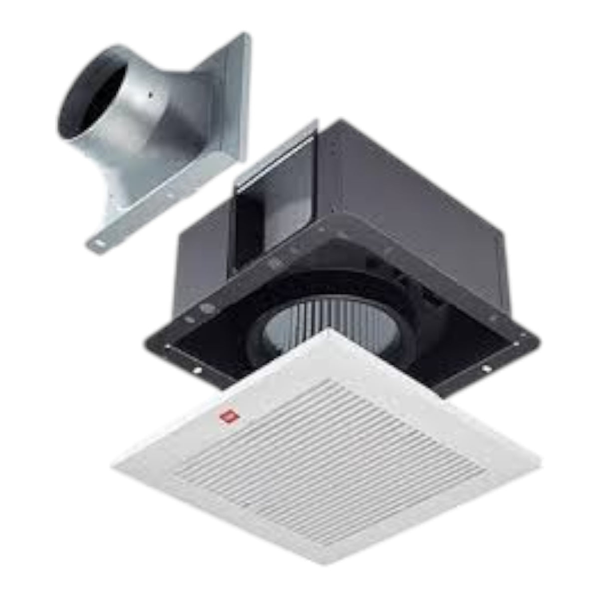 A ceiling-mounted exhaust fan assembly shown against a plain white background, featuring a white square vent grille, a black rectangular housing, and a silver cylindrical duct outlet.