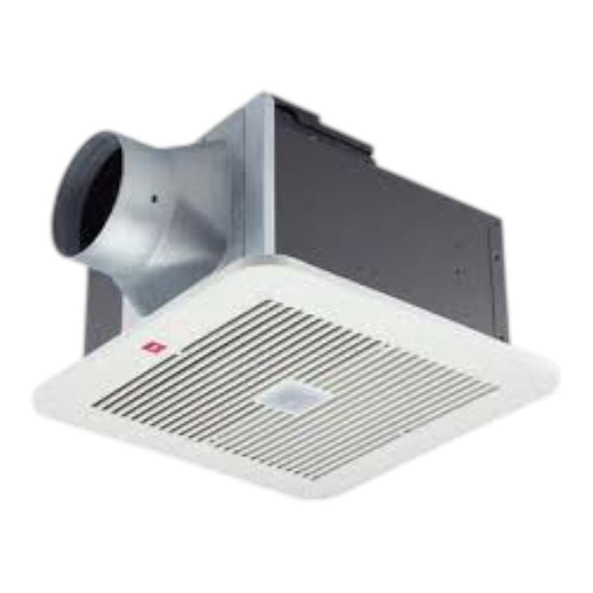 A ceiling-mounted bathroom exhaust fan with a white grille face, a dark gray rectangular body, and a silver metal duct pipe extending to the left, shown against a plain white background.