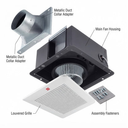 Explanatory product diagram of a ceiling fan vent assembly showing the main fan housing, metallic duct collar adapter, louvered grille, assembly fasteners, and labels on a white background.