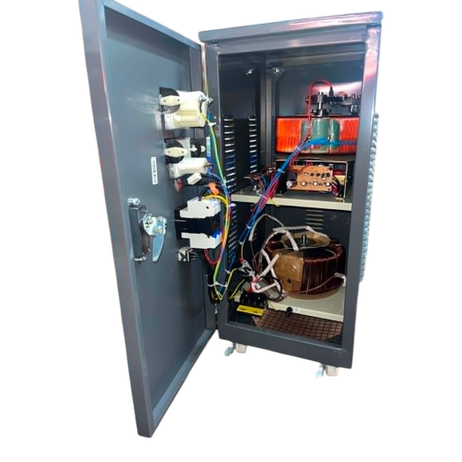Open electrical panel with various components and wiring on a white background