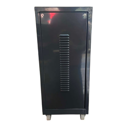 Black metal cabinet with a white background