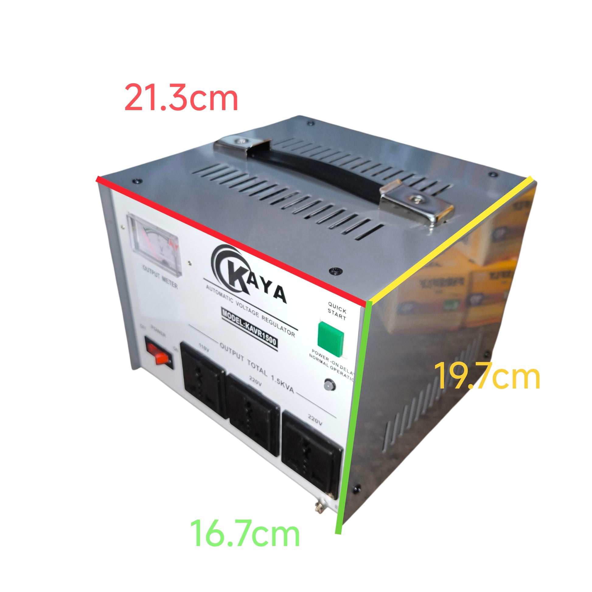 Kaya power inverter with dimensions labeled on a white background