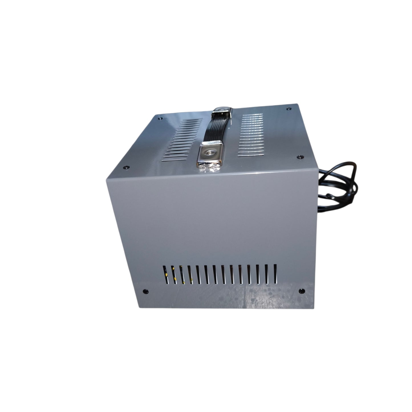 Gray power supply unit with a black cable on a white background