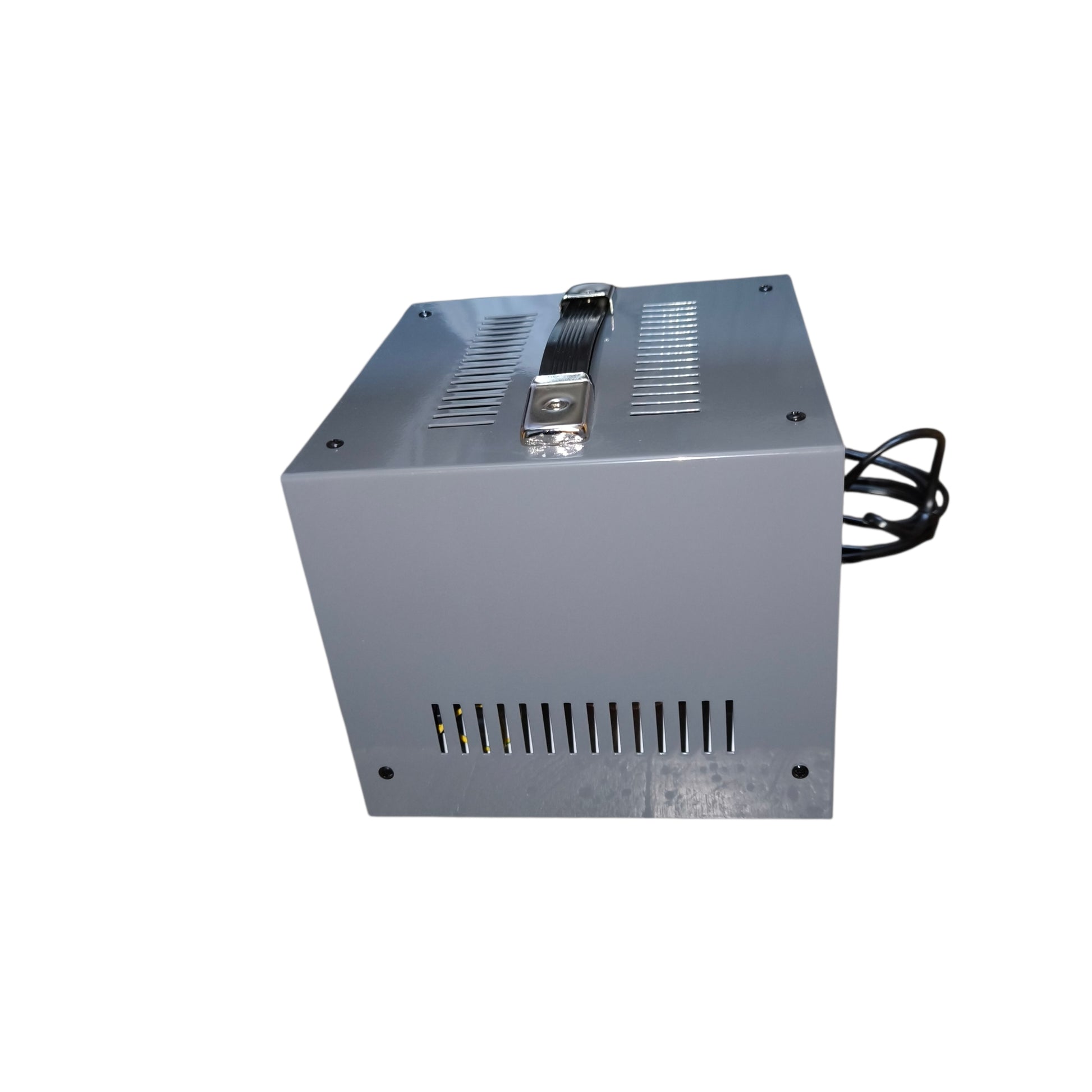 Gray power supply unit with a black cable on a white background