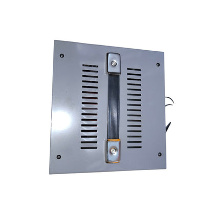 Metallic square panel with slotted design on a white background